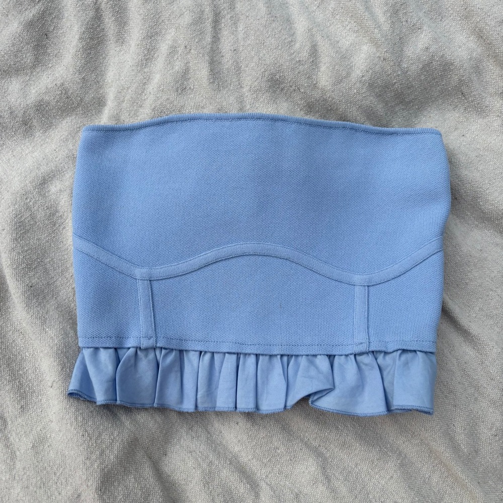Zara Women Blue Strapless Knit Corset Crop Top Ruffle Hem Small